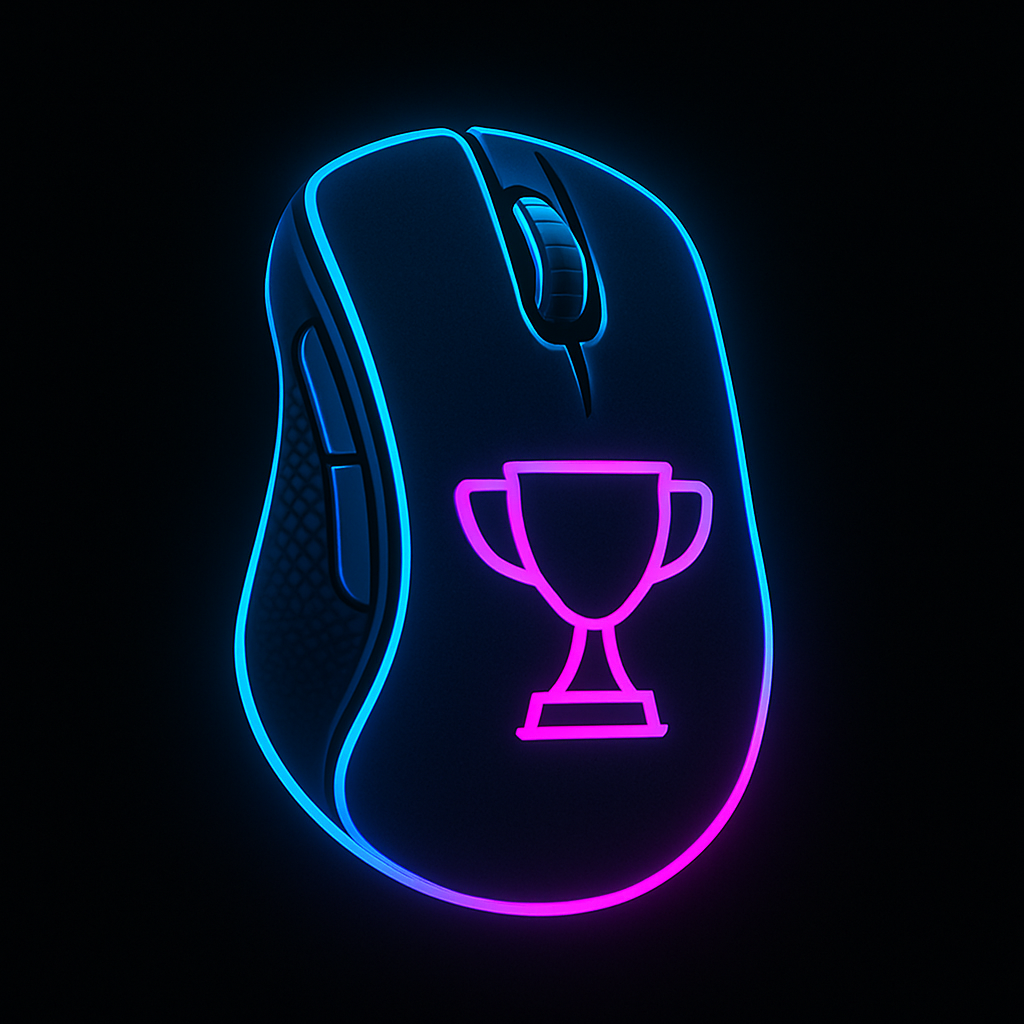 Neon RGB gamingmuis zonder kabel met felblauwe en roze gloed en een trofee-icoon in het midden.